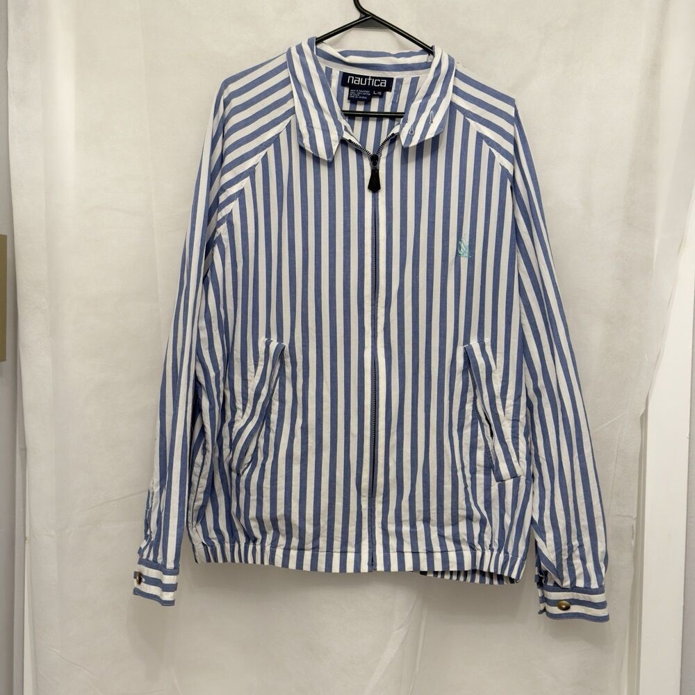 Vintage 90s Nautica Stripped Harrington Jacket Blue White L Rare